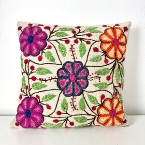 Vintage Embroidered Floral Wool Throw Pillow Boho Cottagecore 15 x 15
